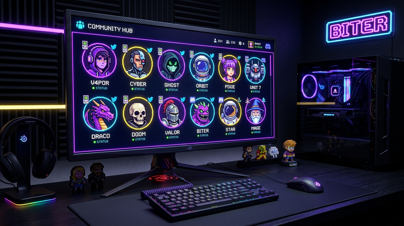 Gaming desktop setup showing 8-bit retro pixel art avatars in circular Discord profile frames