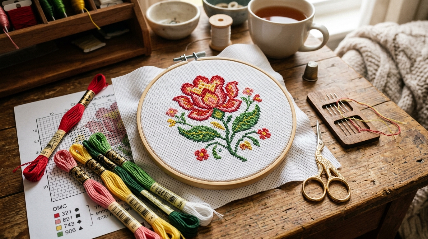 Cross stitch wooden hoop with completed floral pixel pattern on Aida fabric surrounded by DMC embroidery floss skeins