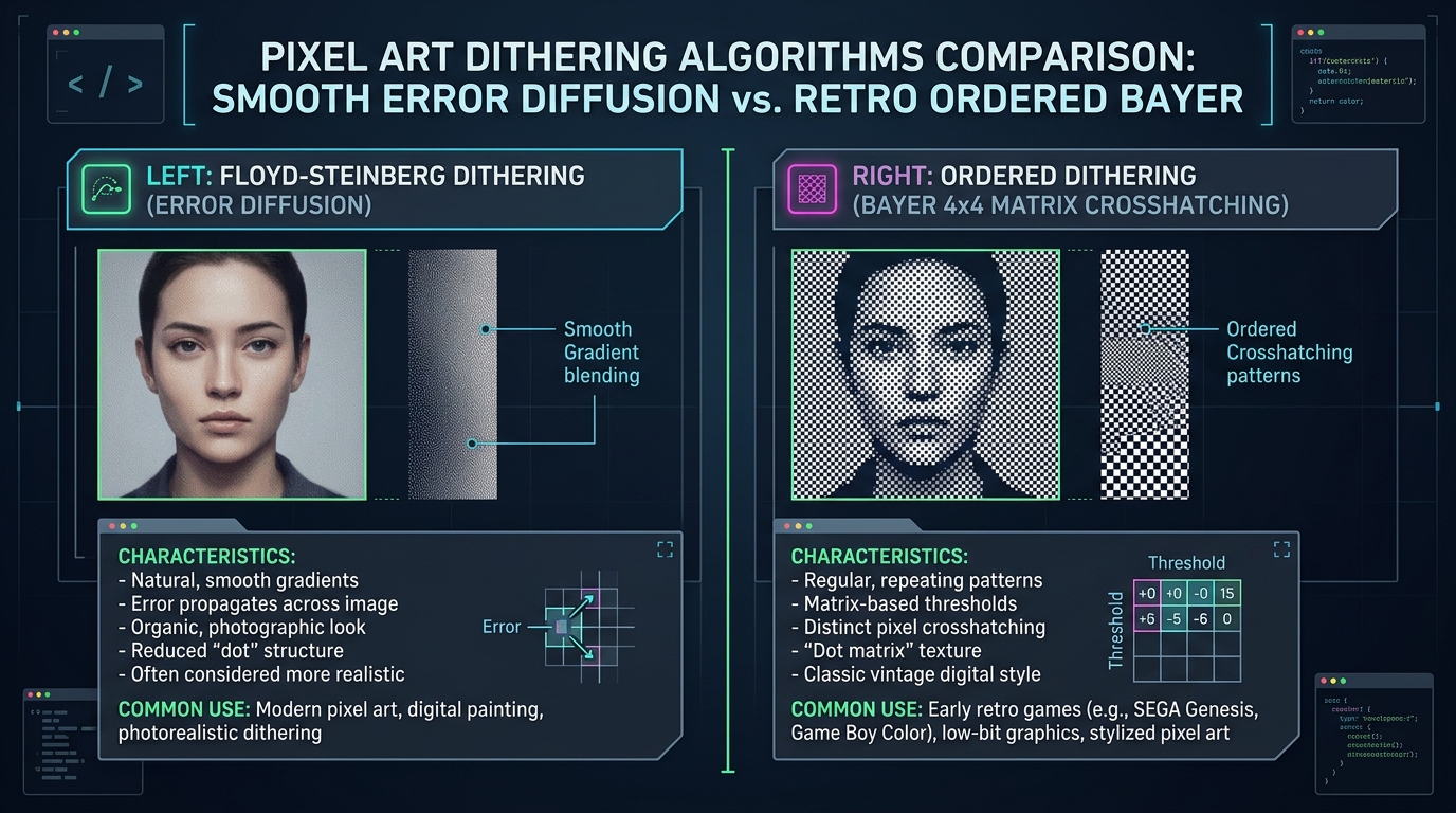 Comparison graphic showing Floyd-Steinberg error diffusion versus Bayer ordered matrix crosshatching