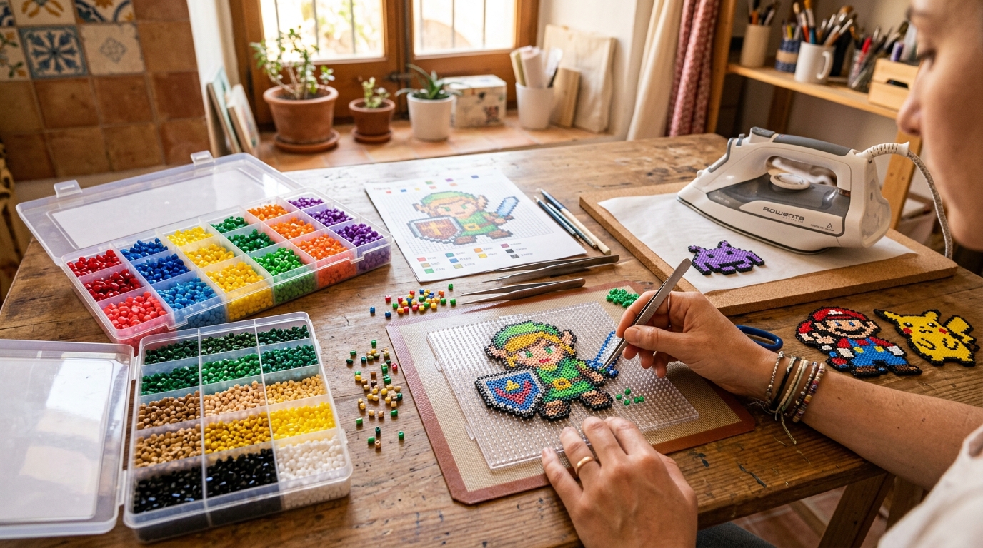 Taller creativo con cuentas Hama Beads Midi de colores en placa de clavijas con pinzas y plancha