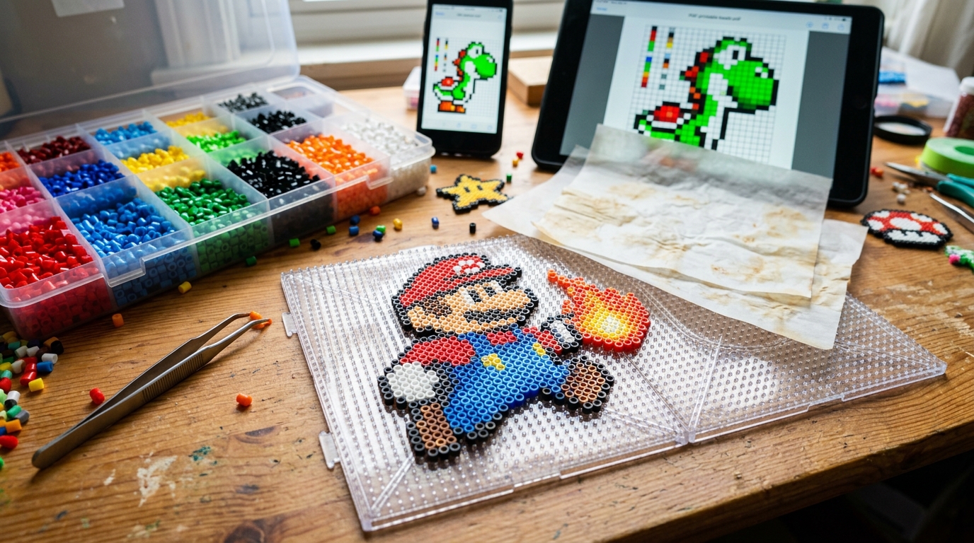Perler bead pattern pegboard crafting table with colorful beads, tweezers, and digital pattern chart