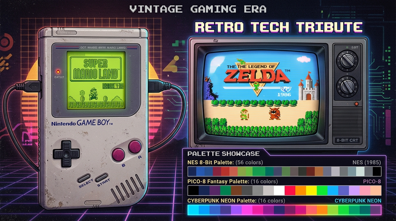 Vintage retro gaming setup featuring classic Game Boy DMG, CRT monitor with 8-bit gameplay, and color swatch palettes